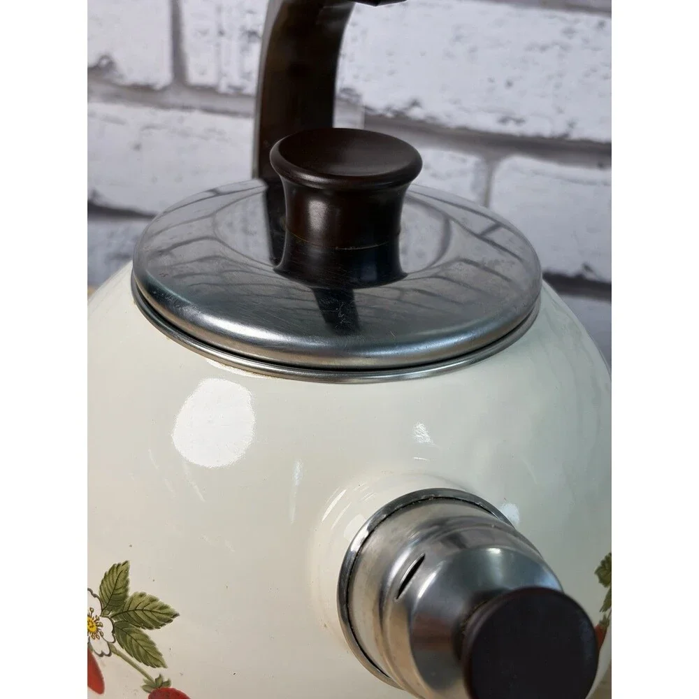 Vintage Strawberry Enamel Whistling Tea Kettle Farmhouse Kitchen Decor